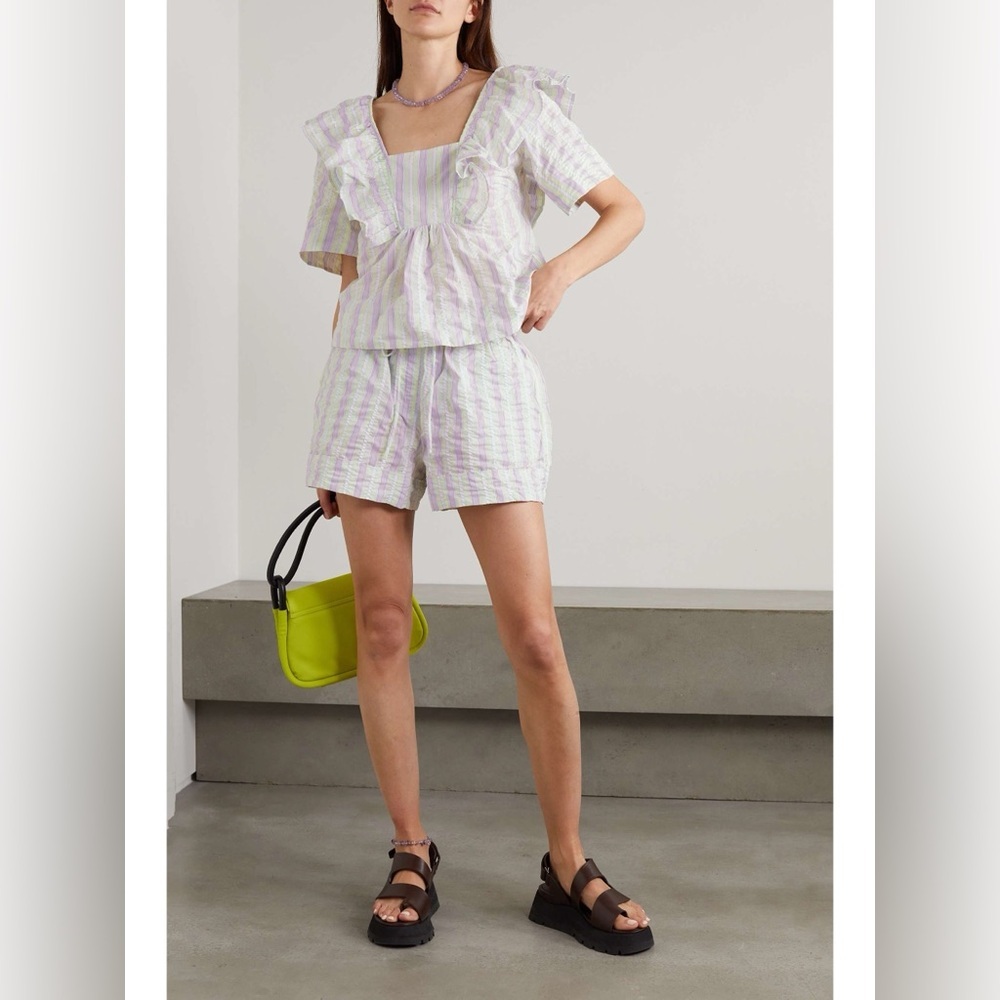 Ganni Lilac and White Striped Ruffle-Trim Blouse